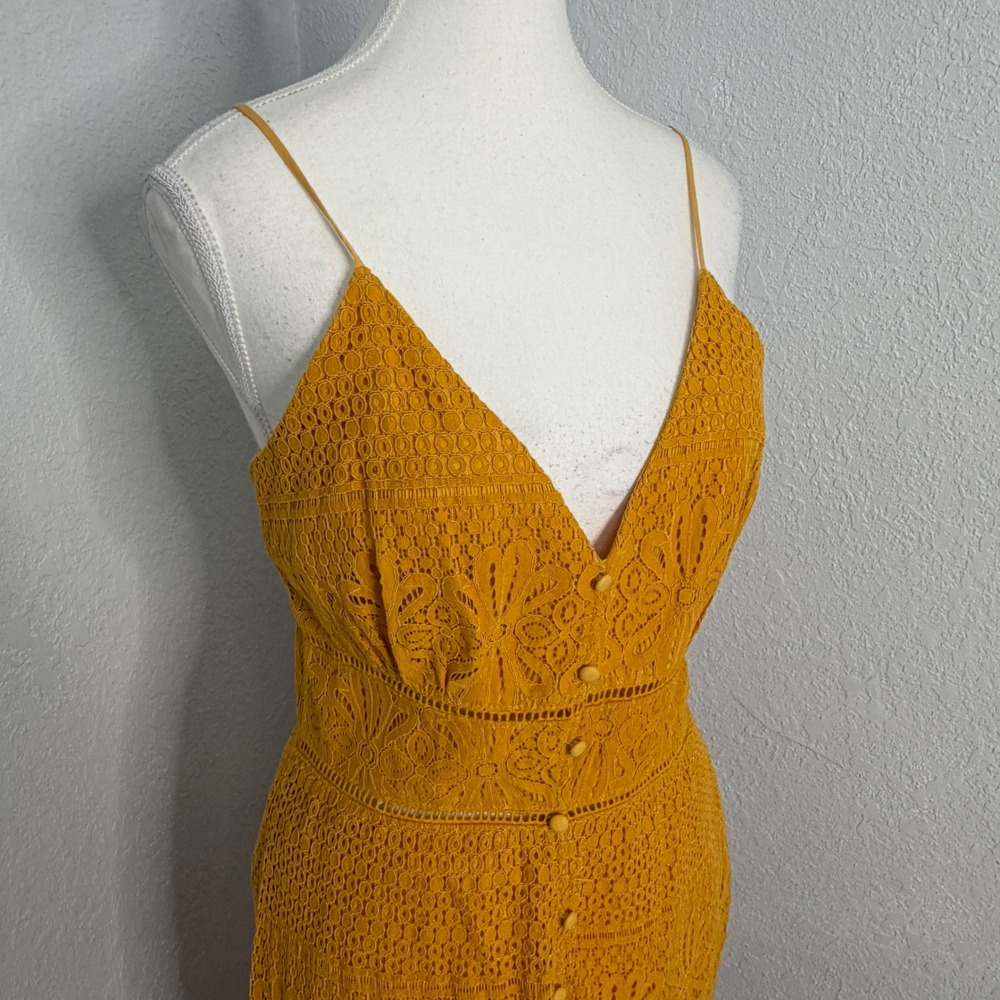 Lulus Mustard Yellow Lace Midi Dress Button Front Marigold Crochet Boho Size M - Picture 4 of 7